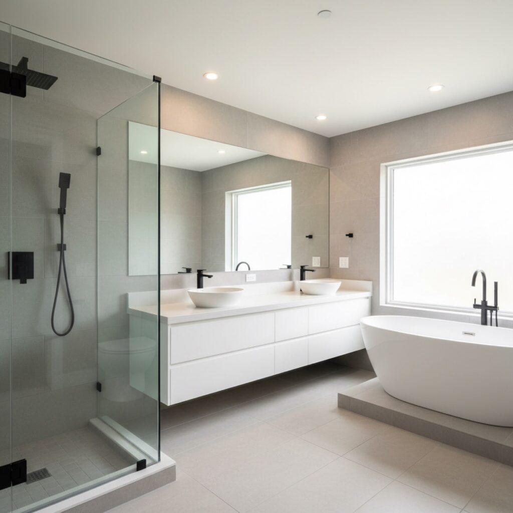 Modern renovated bathroom with glass walk-in shower and freestanding soaking tub by Rebuild America on Long Island