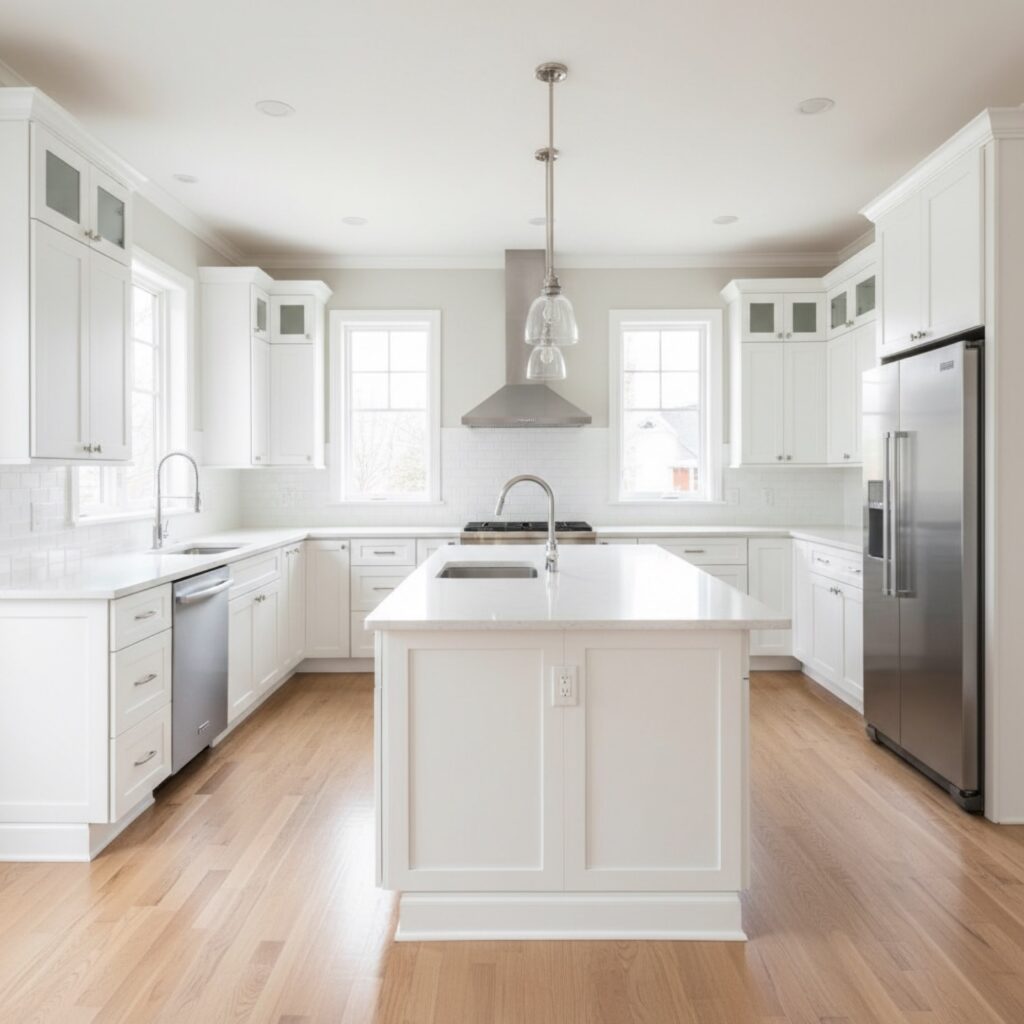 Renovated white shaker kitchen with center island by Rebuild America on Long Island