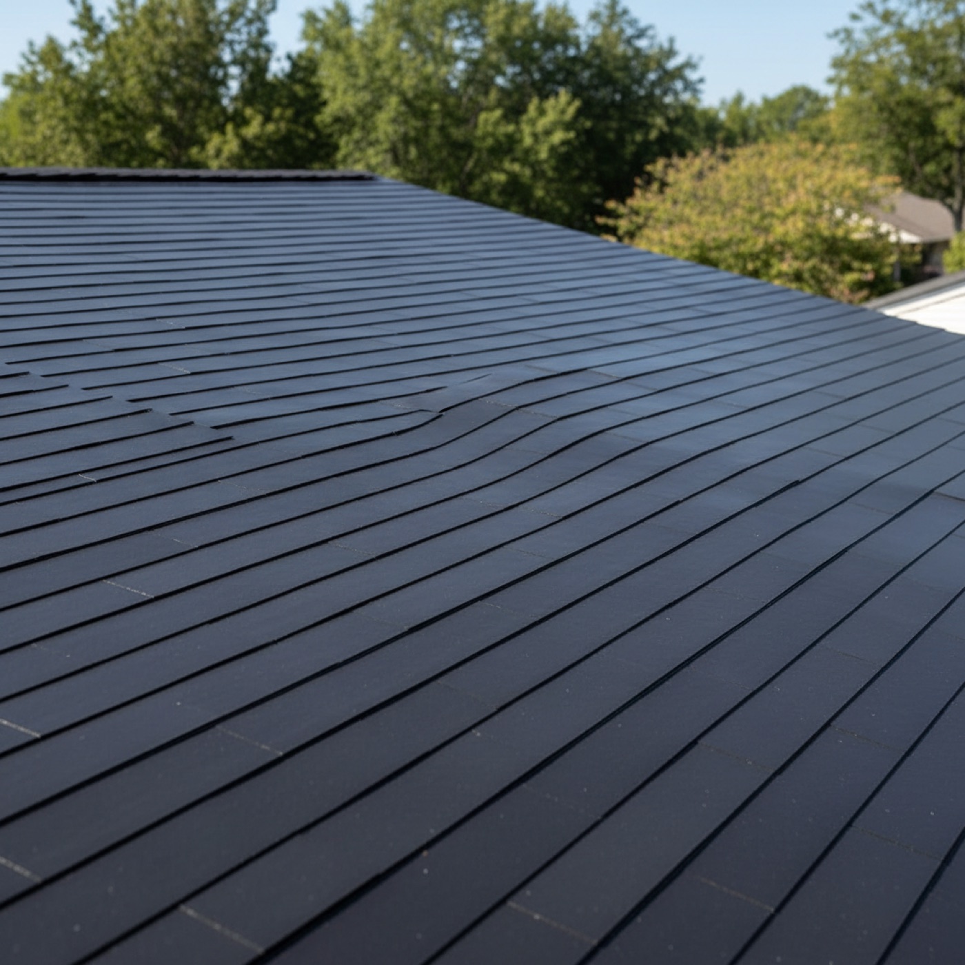 Close-up of flush, roof-integrated solar shingles laid like asphalt shingles on a Long Island home